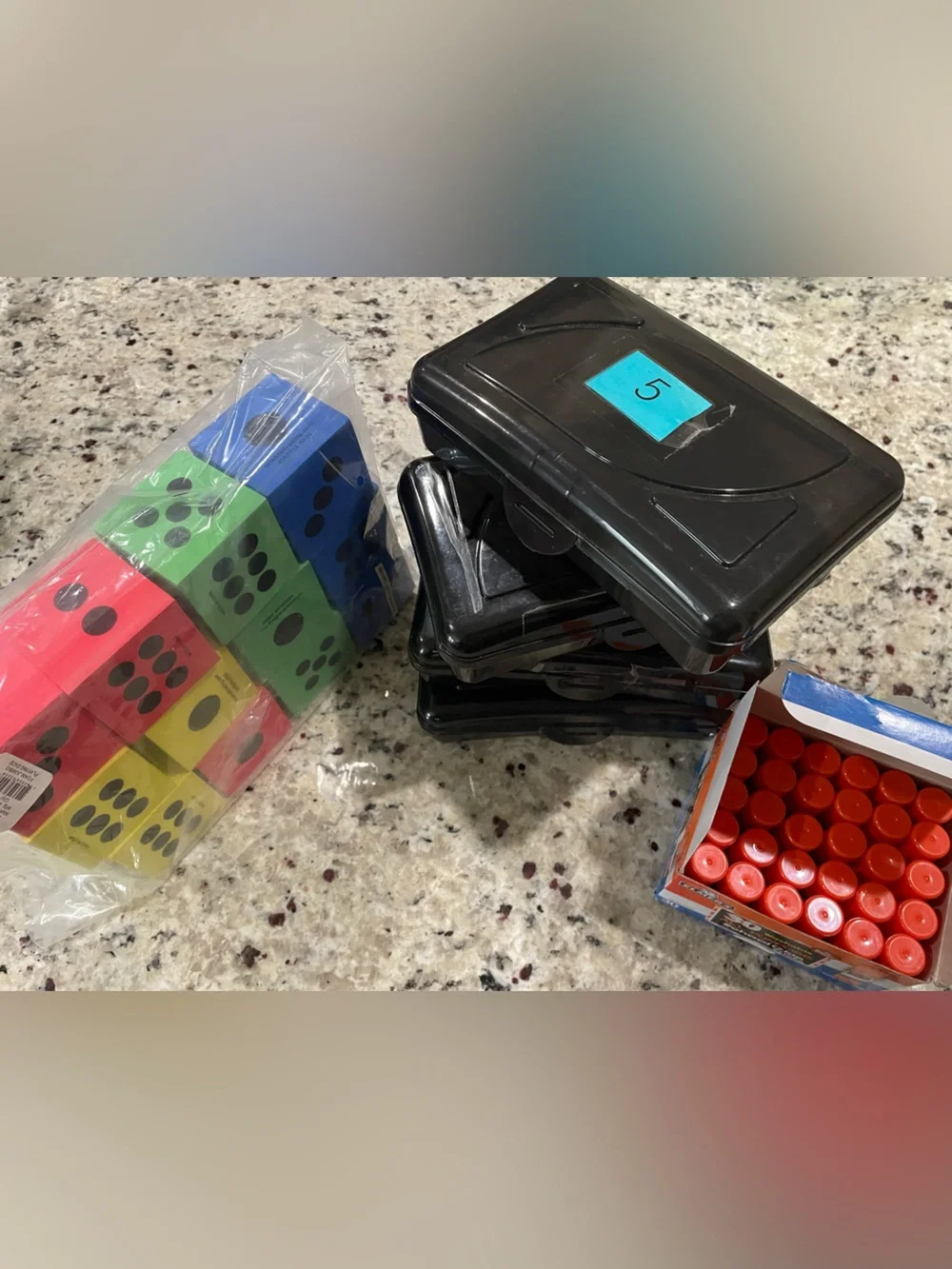 Teacher Resources Inc Assorted 12 Colorful foam Dice Box 30 glue sticks + more